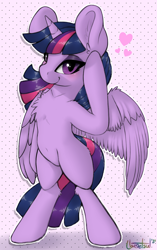 Size: 946x1510 | Tagged: safe, artist:llametsul, imported from derpibooru, twilight sparkle, alicorn, pony, atg 2021, belly button, big ears, bipedal, chest fluff, ear fluff, female, heart, mare, newbie artist training grounds, patterned background, signature, simple background, smiling, solo, standing, twilight sparkle (alicorn), white outline, wings