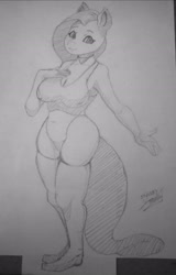 Size: 1800x2816 | Tagged: safe, artist:jonvolker, imported from derpibooru, fluttershy, anthro, plantigrade anthro, big breasts, breasts, clothes, looking at you, panties, smiling, socks, swimsuit, tanktop, thigh highs, traditional art, underwear