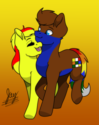 Size: 1137x1437 | Tagged: safe, artist:jay_wackal, imported from derpibooru, oc, oc only, oc:marmalade, oc:rubik, earth pony, pegasus, pony, base used, happy, smiling