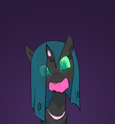 Size: 600x646 | Tagged: safe, artist:carnifex, imported from derpibooru, queen chrysalis, changeling, changeling queen, pony, bootleg, cricket, female, looking at you, mare, mouth hold, simple background, smiling, sports