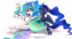 Size: 2257x1230 | Tagged: safe, artist:mylittlegodzilla, imported from derpibooru, princess celestia, princess luna, alicorn, pony, chest fluff, female, food, genshin impact, glasses, glowing horn, horn, ice cream, ice cream cone, levitation, magic, missing cutie mark, siblings, simple background, sisters, sitting, slime, slimes (genshin impact), smiling, telekinesis, tongue out, white background