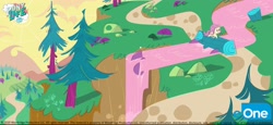 Size: 4096x1880 | Tagged: source needed, safe, artist:artywilo, imported from derpibooru, fluttershy, pegasus, pony, a camping we will go, my little pony: pony life, bridge, cliff, concept art, eone, female, g4.5, grass, log, logo, my little pony logo, official, path, pony life, river, rock, solo, solo female, text, tree, water, waterfall