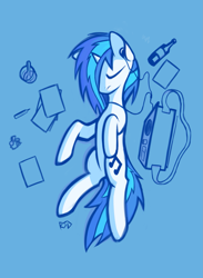 Size: 1895x2585 | Tagged: safe, artist:rsd500, imported from derpibooru, dj pon-3, vinyl scratch, pony, unicorn, blue, blue background, bottle, digital art, dream, eyes closed, headphones, listening to music, lying down, lying on the ground, music, radio, simple background, solo