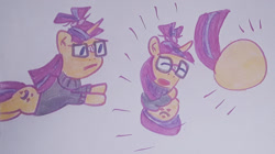 Size: 1280x718 | Tagged: safe, artist:dex stewart, imported from derpibooru, moondancer, pony, unicorn, ball, balldancer, clothes, crossover, female, glasses, mare, morph ball, rolling, solo, sonic the hedgehog (series), spin dash, sweater, traditional art