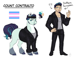 Size: 2034x1555 | Tagged: safe, artist:theartfox2468, imported from derpibooru, coloratura, earth pony, human, pony, alternate hairstyle, beard, clothes, description is relevant, ear piercing, earring, facial hair, grin, headband, humanized, jacket, jewelry, leather jacket, male, markings, missing cutie mark, nail polish, ok hand sign, piercing, pride, pride flag, rara, redesign, reference sheet, shirt, shoes, simple background, smiling, solo, stallion, t-shirt, trans male, transgender, transgender pride flag, unshorn fetlocks, white background