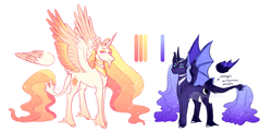 Size: 4256x2056 | Tagged: source needed, useless source url, safe, artist:starryeggs, imported from derpibooru, princess celestia, princess luna, alicorn, bat pony, pony, bat wings, beard, colored wings, colored wingtips, curved horn, duo, facial hair, horn, leonine tail, lidded eyes, looking at you, next generation, redesign, reference sheet, smiling, tail, tail feathers, unshorn fetlocks, watermark, webbed wings, wings