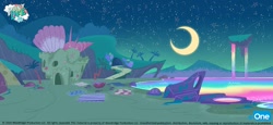 Size: 1400x645 | Tagged: source needed, safe, artist:mcguinnessjohn, imported from derpibooru, my little pony: pony life, archway, beach, cave, concept art, crystal, eone, firepit, floating island, g4.5, logo, moon, my little pony logo, night, no pony, official, palm tree, path, pony life, pony surfin' safari, potion ocean, rainbow water, rainbow waterfall, rock, sand, sandcastle, seashell, stars, text, towel, tree, water, waterfall