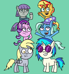 Size: 3000x3200 | Tagged: safe, artist:mlp-vs-capcom, imported from derpibooru, boulder (pet), derpy hooves, dj pon-3, maud pie, starlight glimmer, sunset shimmer, trixie, vinyl scratch, earth pony, pegasus, pony, unicorn, :t, boulder (g4), chibi, female, grin, high res, lidded eyes, mare, open mouth, open smile, smiling
