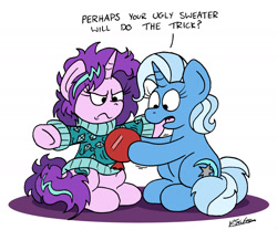 Size: 2000x1665 | Tagged: safe, artist:bobthedalek, imported from derpibooru, starlight glimmer, trixie, pony, unicorn, atg 2021, balloon, clothes, inconvenient trixie, kite, messy mane, newbie artist training grounds, party balloon, starlight glimmer is not amused, starlight is not amused, static, static electricity, sweater, that pony sure does love kites, this will end in pain, this will not end well, unamused