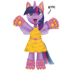 Size: 3000x3000 | Tagged: safe, artist:catachromatic, imported from derpibooru, twilight sparkle, alicorn, semi-anthro, animal costume, bracelet, cat costume, cat ears, clothes, costume, cute, cute little fangs, digital painting, dress, fake ears, fangs, female, high res, jewelry, open mouth, paw gloves, paw pads, paw socks, signature, simple background, smashin' fashion, solo, text, toy interpretation, twiabetes, twilight sparkle (alicorn), white background