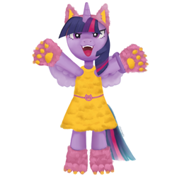 Size: 3000x3000 | Tagged: safe, alternate version, artist:catachromatic, imported from derpibooru, twilight sparkle, alicorn, semi-anthro, animal costume, bracelet, cat costume, cat ears, clothes, costume, cute, cute little fangs, digital painting, dress, fake ears, fangs, female, high res, jewelry, open mouth, paw gloves, paw pads, paw socks, signature, simple background, smashin' fashion, solo, textless version, toy interpretation, twiabetes, twilight sparkle (alicorn), white background