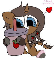 Size: 957x1055 | Tagged: safe, artist:colt687, colorist:rautamiekka, imported from derpibooru, oc, oc only, oc:strawberry cocoa, monster pony, pony, unicorn, accessories, accessory, ankle bracelet, anklet, black outlines, blaze (coat marking), blue eyes, brown coat, coat markings, colored, colored hooves, colored outlines, cup, digital art, drinking straw, eyelashes, facial markings, female, floppy ears, food, heart, horn, hug, lighter underbelly, looking at something, mare, present, segmented tail, signature, simple background, sitting, smoothie, solo, strawberry, tail, tiny, tiny ponies, two toned coat, two-tone coat, unshorn fetlocks, white background