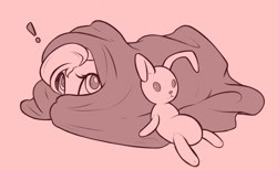 Size: 1804x1114 | Tagged: safe, artist:nookprint, imported from derpibooru, fluttershy, pegasus, pony, blanket, cute, daaaaaaaaaaaw, exclamation point, female, hiding, lying down, mare, monochrome, plushie, prone, red background, redscale, shy, shyabetes, simple background, solo