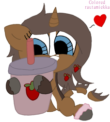 Size: 957x1055 | Tagged: safe, artist:colt687, colorist:rautamiekka, imported from derpibooru, oc, oc only, oc:strawberry cocoa, monster pony, pony, unicorn, accessories, accessory, ankle bracelet, anklet, blaze (coat marking), blue eyes, brown coat, coat markings, colored, colored hooves, colored outlines, cup, digital art, drinking straw, eyelashes, facial markings, female, floppy ears, food, heart, horn, hug, lighter underbelly, looking at something, mare, present, segmented tail, signature, simple background, sitting, smoothie, solo, strawberry, tail, tiny, tiny ponies, two toned coat, two-tone coat, unshorn fetlocks, white background