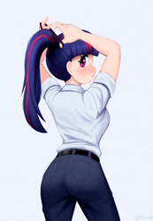 Size: 1500x2170 | Tagged: safe, artist:mrscroup, imported from derpibooru, twilight sparkle, human, adorasexy, ass, blushing, breasts, busty twilight sparkle, butt, curvy, cute, hair tie, hourglass figure, humanized, looking at you, looking back, looking back at you, ponytail, rear view, sexy, simple background, solo, twiabetes, twibutt, white background, wide eyes, wide hips