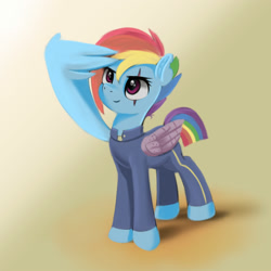 Size: 2000x2000 | Tagged: safe, artist:darksly, imported from derpibooru, rainbow dash, pegasus, pony, alternate timeline, amputee, apocalypse dash, artificial wings, atg 2021, augmented, crystal war timeline, eye scar, female, high res, mare, newbie artist training grounds, prosthetic limb, prosthetic wing, prosthetics, salute, scar, smiling, solo, torn ear, wing salute, wings