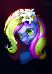 Size: 2152x3024 | Tagged: safe, artist:teaflower300, imported from derpibooru, oc, oc only, oc:novastar blaze, pony, bust, female, flower, flower in hair, high res, mare, solo