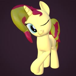 Size: 4000x4000 | Tagged: safe, artist:wissle, imported from derpibooru, sunset shimmer, pony, unicorn, 3d, absurd resolution, atg 2021, blender, crossed legs, cute, female, looking at you, mare, newbie artist training grounds, one eye closed, shimmerbetes, simple background, smiling, solo, wink, winking at you