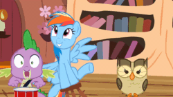 Size: 600x338 | Tagged: safe, imported from derpibooru, screencap, owlowiscious, rainbow dash, spike, bird, dragon, owl, pegasus, pony, season 4, testing testing 1-2-3, animated, baby, baby dragon, dancing, drumming, drums, female, gif, golden oaks library, grin, loop, male, mare, musical instrument, open smile, smiling, stool, stooldash, trio