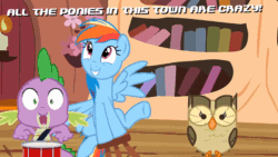 Size: 600x338 | Tagged: safe, edit, edited screencap, imported from derpibooru, screencap, owlowiscious, rainbow dash, spike, bird, dragon, owl, pegasus, pony, season 4, testing testing 1-2-3, animated, baby, baby dragon, dancing, drumming, drums, female, gif, golden oaks library, loop, male, mare, musical instrument, smiling, stool, stooldash, text, trio
