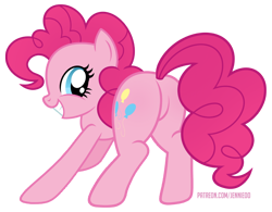 Size: 1200x937 | Tagged: safe, artist:jennieoo, imported from derpibooru, pinkie pie, earth pony, pony, ass up, balloonbutt, butt, female, grin, happy, looking at you, mare, plot, show accurate, simple background, smiling, smiling at you, solo, transparent background, vector