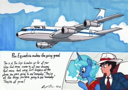 Size: 2974x2082 | Tagged: safe, artist:newyorkx3, imported from derpibooru, princess celestia, princess luna, alicorn, human, pony, boeing, boeing 707, high res, not celestia, pan am, plane, traditional art