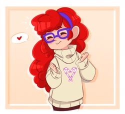 Size: 2464x2246 | Tagged: safe, artist:syrupyyy, imported from derpibooru, twist, human, clothes, cute, eyes closed, female, hairband, heart, high res, humanized, pictogram, solo, speech bubble, sweater, twistabetes