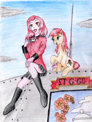 Size: 2434x3221 | Tagged: safe, artist:40kponyguy, derpibooru exclusive, imported from derpibooru, roseluck, earth pony, human, boots, clothes, crossover, cup, ear fluff, female, girls und panzer, high res, mare, miniskirt, raised hoof, rosehip (girls und panzer), schrödinger's pantsu, shoes, skirt, st. gloriana, teacup, traditional art, uniform