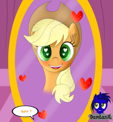 Size: 3840x4154 | Tagged: safe, artist:damlanil, imported from derpibooru, applejack, earth pony, pony, apple, blushing, carousel boutique, comic, cute, female, food, happy, heart, heart eyes, jackabetes, looking at you, mare, mirror, open mouth, simple background, smiling, text, that pony sure does love apples, vector, wingding eyes