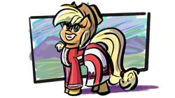 Size: 2400x1350 | Tagged: safe, artist:ashtoneer, imported from twibooru, applejack, earth pony, pony, applejack's hat, clothes, cowboy hat, drawthread, dress, female, hat, image, mare, png, smiling, solo