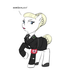 Size: 776x800 | Tagged: safe, artist:carnifex, imported from ponybooru, oc, oc:aryanne, 4chan, alternate hairstyle, armband, blonde, blonde mane, blonde tail, blue eyes, clothes, condescending, exclamation point, german, hair bun, nazi, open mouth, raised hoof, raised leg, swastika, tail bun, uniform