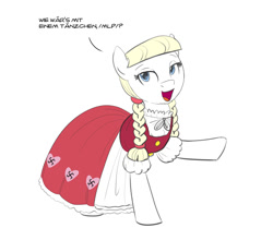 Size: 920x810 | Tagged: safe, artist:carnifex, imported from ponybooru, oc, oc:aryanne, /mlp/, alternate hairstyle, blonde, blonde mane, blue eyes, clothes, dress, german, nazi, open mouth, pigtails, question, question mark, raised hoof, raised leg, swastika, traditional dress, umlaut