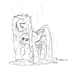 Size: 680x661 | Tagged: safe, artist:dilarus, imported from ponybooru, fluttershy, rainbow dash, pegasus, female, flutterdash, lesbian, puddle, rain, shelter, shipping, wet, wet mane