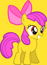 Size: 900x1242 | Tagged: safe, artist:katielinda45, imported from derpibooru, apple bloom, earth pony, pony, apple bloom's bow, bow, female, filly, g1, g4, g4 style, grin, hair bow, simple background, smiling, yellow background