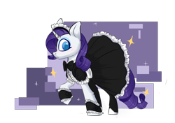 Size: 1820x1280 | Tagged: safe, artist:silvexxx01, imported from derpibooru, rarity, pony, unicorn, blushing, bowtie, clothes, commission, dress, eyeshadow, female, maid, maid headdress, maidity, makeup, mare, raised hoof, simple background, socks, solo, stockings, thigh highs, transparent background, ych example, your character here