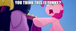 Size: 1194x499 | Tagged: safe, artist:megalobronia, edit, edited screencap, imported from derpibooru, screencap, pinkie pie, twilight sparkle, alicorn, my little pony: the movie, angry, caption, floppy ears, image macro, imgflip, meme, out of character, pointing, spongebob squarepants, text, the algae's always greener, twilight sparkle (alicorn)