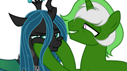 Size: 1237x692 | Tagged: safe, artist:arshe12, imported from derpibooru, queen chrysalis, oc, oc:chain whip, changeling, pony, unicorn, canon x oc, chaisalis, cheek squish, crown, female, jewelry, male, mare, regalia, simple background, squishy cheeks, stallion, straight, transparent background