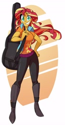 Size: 2132x4096 | Tagged: safe, artist:light262, imported from derpibooru, sunset shimmer, equestria girls, dreamworks face, eyebrows, eyebrows visible through hair, female, geode of empathy, grin, guitar, guitar case, hand on hip, high res, looking at you, magical geodes, musical instrument, no pupils, smiling, smiling at you, solo, sunset shredder
