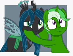 Size: 1280x995 | Tagged: safe, artist:chip16, imported from derpibooru, queen chrysalis, oc, oc:chain whip, changeling, pony, unicorn, canon x oc, chaisalis, crown, female, jewelry, male, mare, regalia, stallion, straight