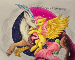 Size: 1080x865 | Tagged: safe, artist:rushaa, imported from derpibooru, discord, fluttershy, draconequus, pegasus, pony, abstract background, antlers, discoshy, drawing, female, kiss, kissing, large wings, long mane, male, night, nose kiss, shipping, sparkles, stars, straight, swirls, text, wings