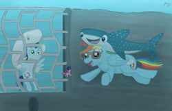 Size: 1700x1100 | Tagged: safe, artist:pacificgreen, imported from derpibooru, pinkie pie, rainbow dash, soarin', fish, shark, whale, whale shark, bailey, beluga whale, blue tang, destiny (finding dory), dory, finding dory, glasses, trio