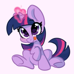 Size: 805x812 | Tagged: safe, artist:colorfulcolor233, artist:oofycolorful, imported from derpibooru, twilight sparkle, pony, unicorn, :p, chibi, cute, glowing horn, horn, magic, magic aura, simple background, sitting, solo, tongue out, twiabetes, white background