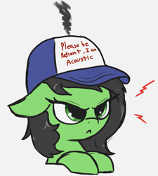 Size: 1735x1925 | Tagged: safe, artist:t72b, imported from derpibooru, oc, oc only, oc:filly anon, earth pony, pony, :<, :c, acoustic, angry, autism, bust, cute, ears back, female, filly, floppy ears, frown, glare, hat, madorable, ocbetes, pun, simple background, solo, white background
