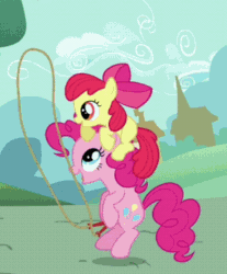 Size: 310x374 | Tagged: safe, imported from derpibooru, screencap, apple bloom, pinkie pie, earth pony, pony, a friend in deed, season 2, animated, apple bloom's bow, bipedal, bow, cropped, duo, duo female, extreme speed animation, female, filly, gif, hair bow, jump rope, loop, mare, seizure warning, smile song, speed up