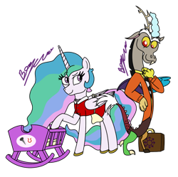 Size: 1280x1274 | Tagged: safe, artist:pixelemelee, imported from derpibooru, discord, princess celestia, alicorn, draconequus, pony, apron, briefcase, clothes, crib, dislestia, dress, duo, female, implied screwball, looking at each other, male, mare, shipping, simple background, smiling, smiling at each other, straight, suit, transparent background