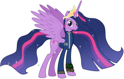 Size: 14622x9290 | Tagged: safe, artist:andoanimalia, artist:ponygamer2020, imported from derpibooru, twilight sparkle, alicorn, pony, fallout equestria, the last problem, absurd resolution, clothes, crown, ethereal mane, fallout, fallout 76, female, horn, jewelry, jumpsuit, long horn, looking at you, mare, older, older twilight, older twilight sparkle (alicorn), pip-boy 2000 mark vi, pipboy, princess twilight 2.0, regalia, simple background, smiling, smiling at you, solo, sparkles, transparent background, twilight sparkle (alicorn), vault suit, vector