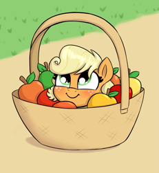 Size: 1899x2055 | Tagged: safe, artist:heretichesh, imported from derpibooru, imported from ponybooru, applejack, earth pony, pony, apple, basket, blushing, cute, daaaaaaaaaaaw, female, filly, filly applejack, food, jackabetes, pony in a basket, smiling, solo, weapons-grade cute, younger