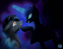 Size: 1024x800 | Tagged: safe, artist:subduedmoon, imported from derpibooru, nightmare moon, oc, oc:nightwind, alicorn, bat pony, pony, bat pony oc, bat wings, crying, duo, female, looking at each other, male, mare, open mouth, sharp teeth, stallion, teeth, wings