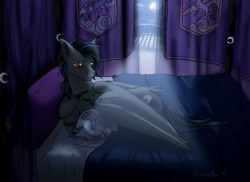 Size: 1280x933 | Tagged: safe, artist:subduedmoon, imported from derpibooru, princess luna, oc, oc:nightwind, bat pony, bed, eyes closed, female, filly, filly luna, moon, moonlight, woona, younger