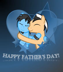 Size: 662x756 | Tagged: safe, artist:strategypony, imported from derpibooru, oc, oc:gary, oc:lancer, earth pony, pony, cute, father and child, father and son, father's day, heart, hug, male, stars, text, watch, wristwatch